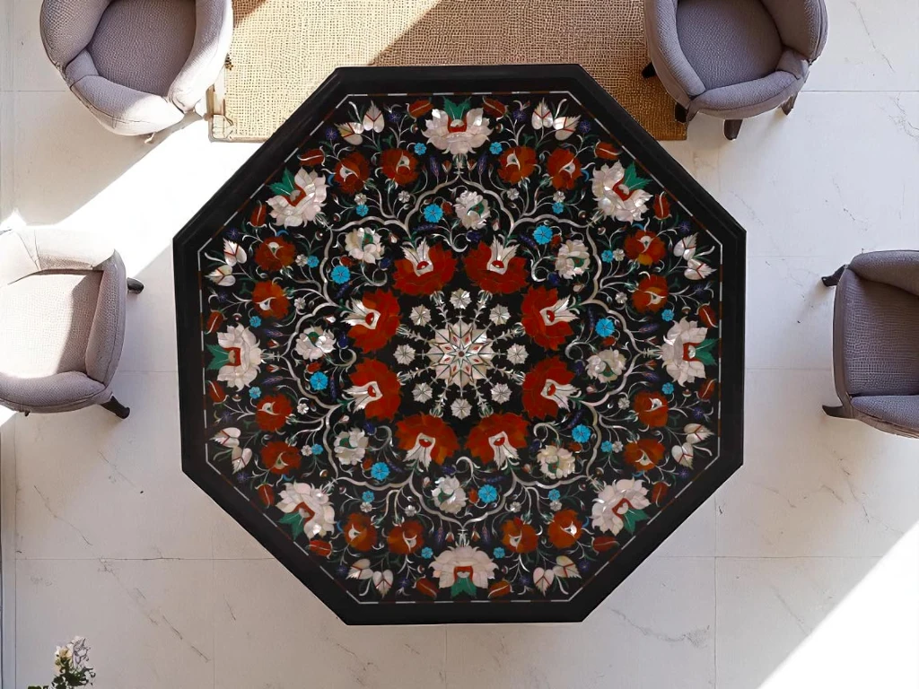 Black Marble Side Table with Floral Multi Gemstone Inlay Design